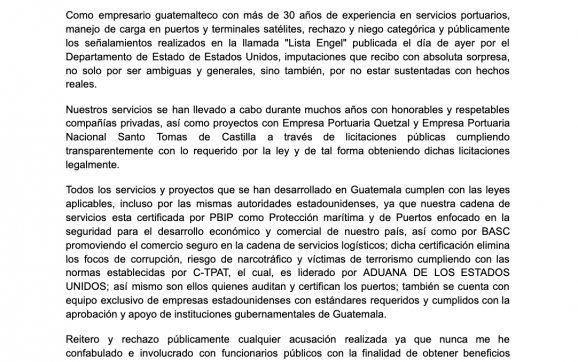 Empresario Arturo Samayoa Camacho responde al Departamento de Estado de los Estados Unidos
